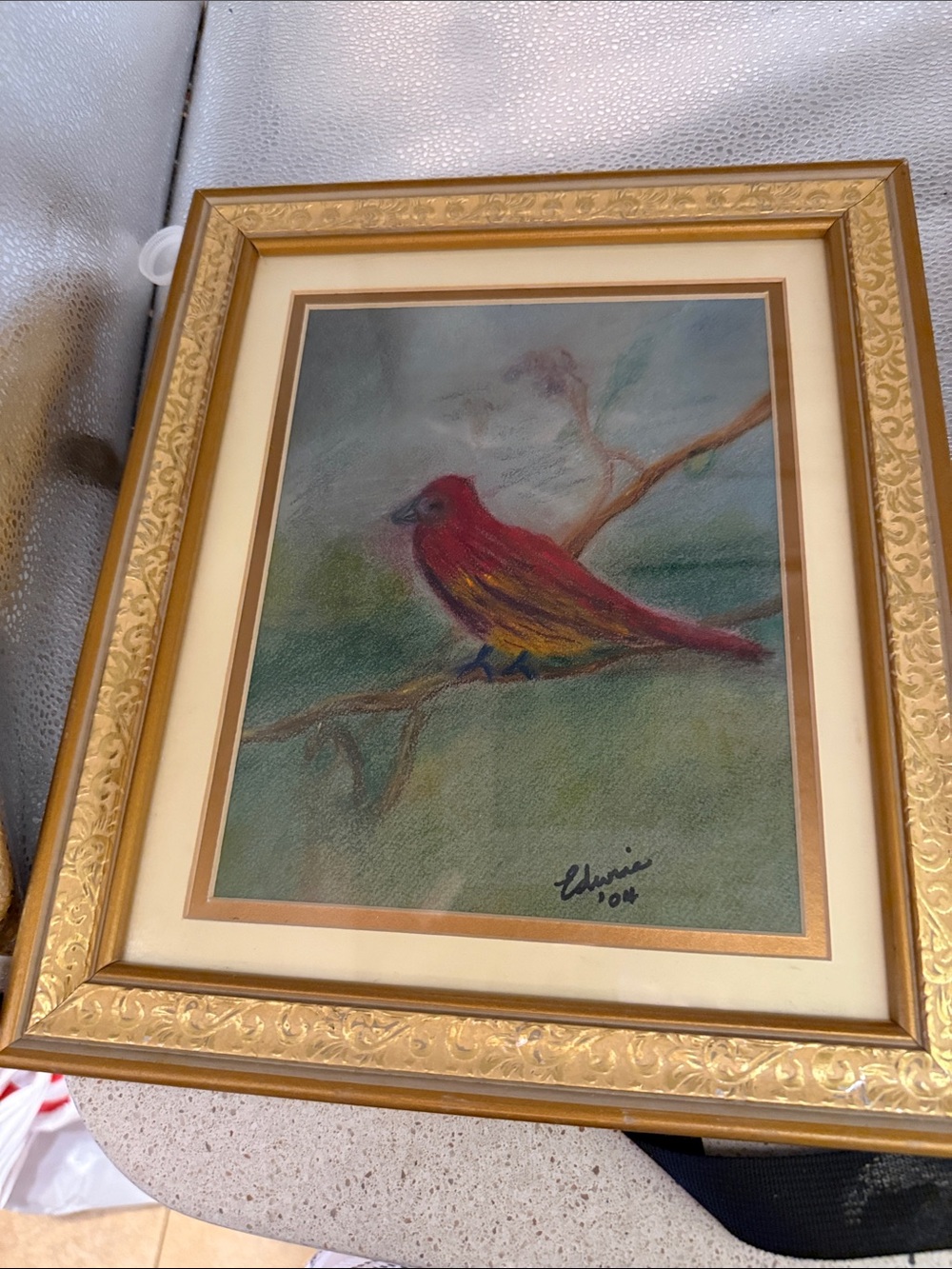 Framed Original Bird Pastel Artwork - Red and Yellow Finch